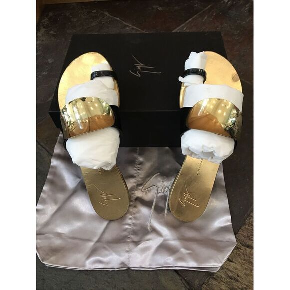 GIUSEPPE ZANOTTI Black Nero Sandal Gold Vernice Rock 38.5 US 8.5 Italy Box - Picture 2 of 10
